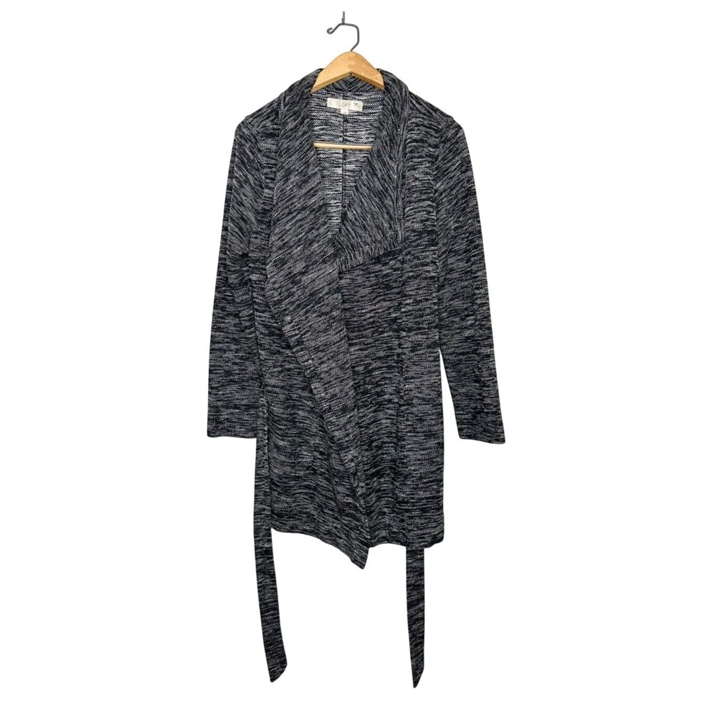 Ann Taylor LOFT Cozy Open Front Belted Cardigan Sweater Marled Knit Grey Large L